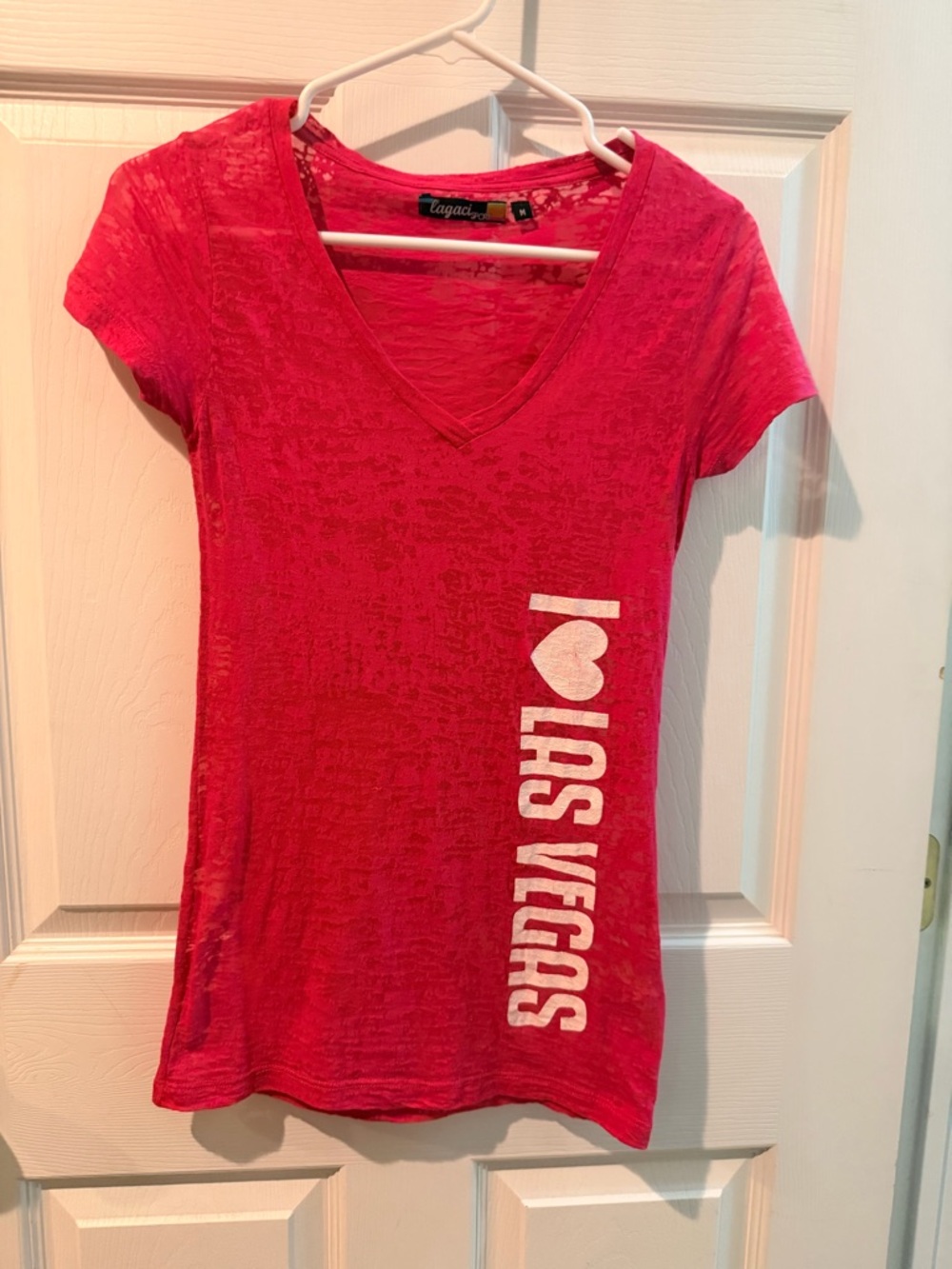 Legacy Hot Pink V-Neck Tee with White Vegas Print